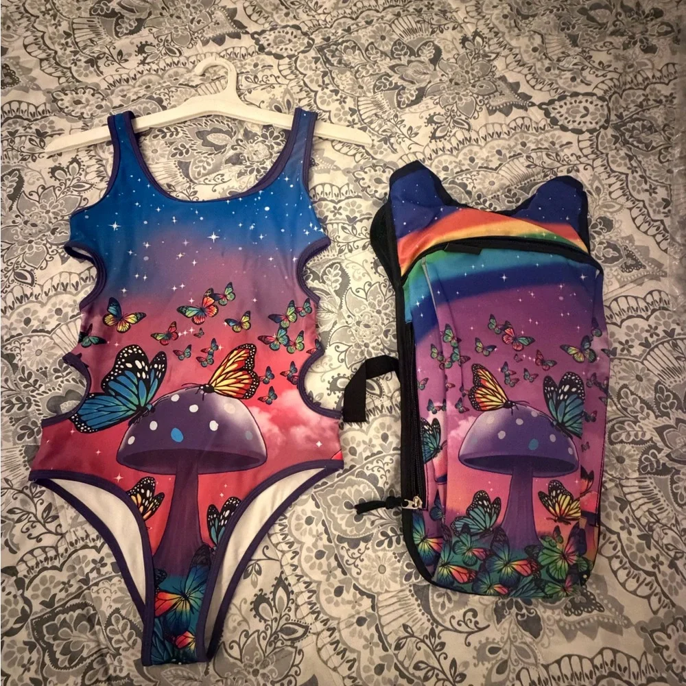 Purple Mushroom & Butterfly One-Piece Swimsuit with matching dehydration back - Picture 1 of 6